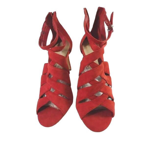 Lord & Taylor Womens Gema Strappy Heeled Sandals Red Suede Ankle Strap Zip 8.5 M - Picture 1 of 8
